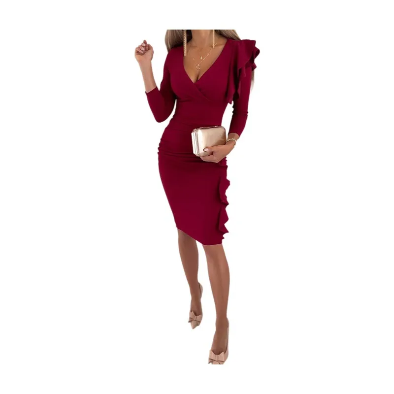 

Pure Color V-neck Ruffled Slim-fitting Pleated Hip Dress Women Autumn/winter 2021 New Fashion Commuter Dress