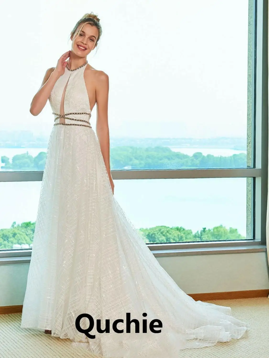 

Beach Wedding Dress Halter Appliques Tulle Backless Bodice Spaghetti Straps Illusion Bridal Dress Formal Vestidos de Noiva