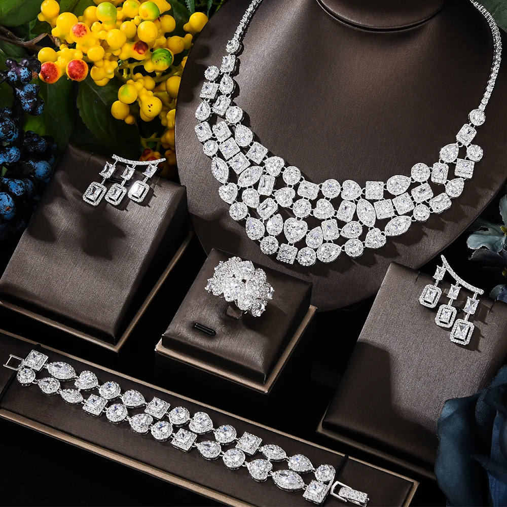 ?? 女性のためのキュービックジルコニアネックレスのセット,4つの豪華なピースのセット,ネックレス,女性のための結婚指輪,インドのジュエリー,2021