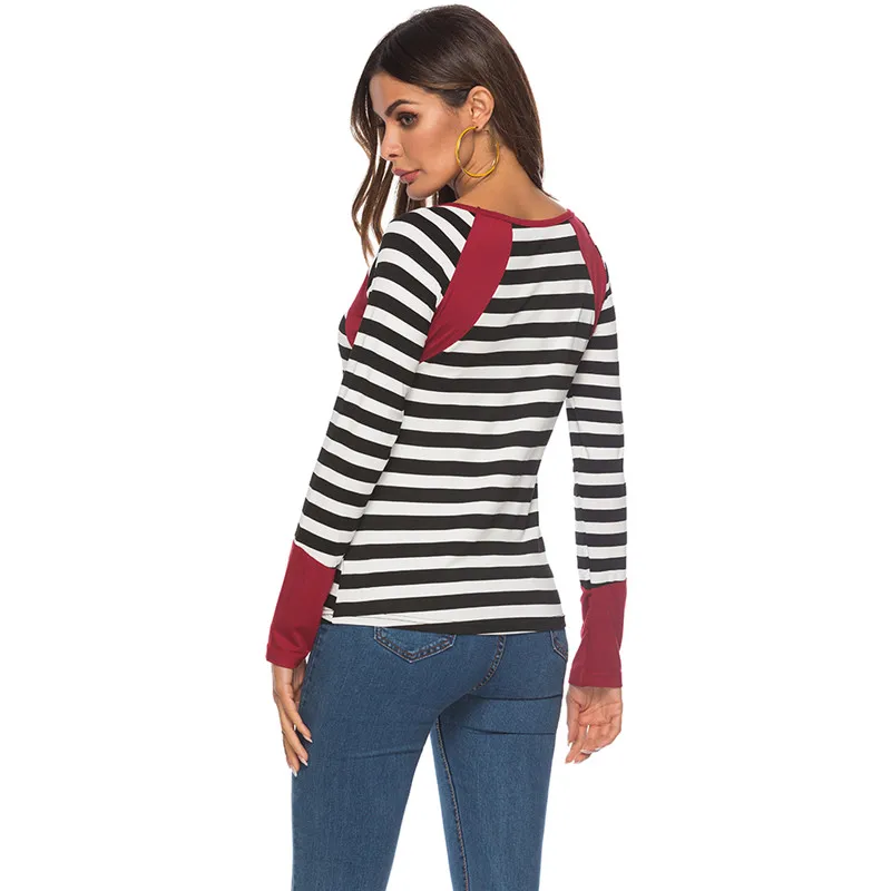 Весенняя женская тонкая футболка с круглым вырезом полосатая топы длинным