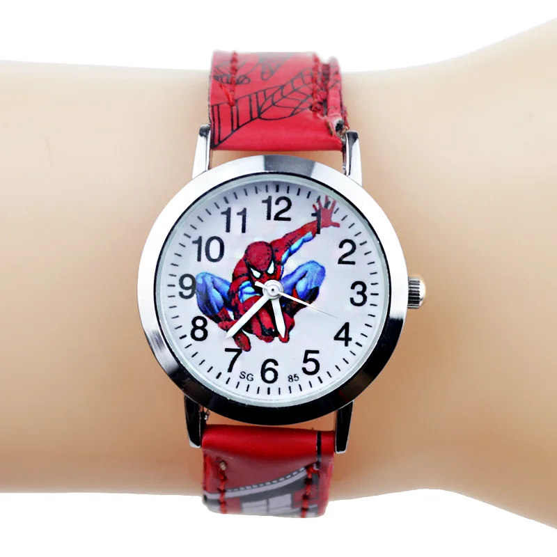 Boy Red JOYROX Princess Elsa Pattern Girls Watch Cartoon Spiderman Boys Watches Leather Strap Wristwatch Kids Clock reloj de mujer - Цвет: Boy Red