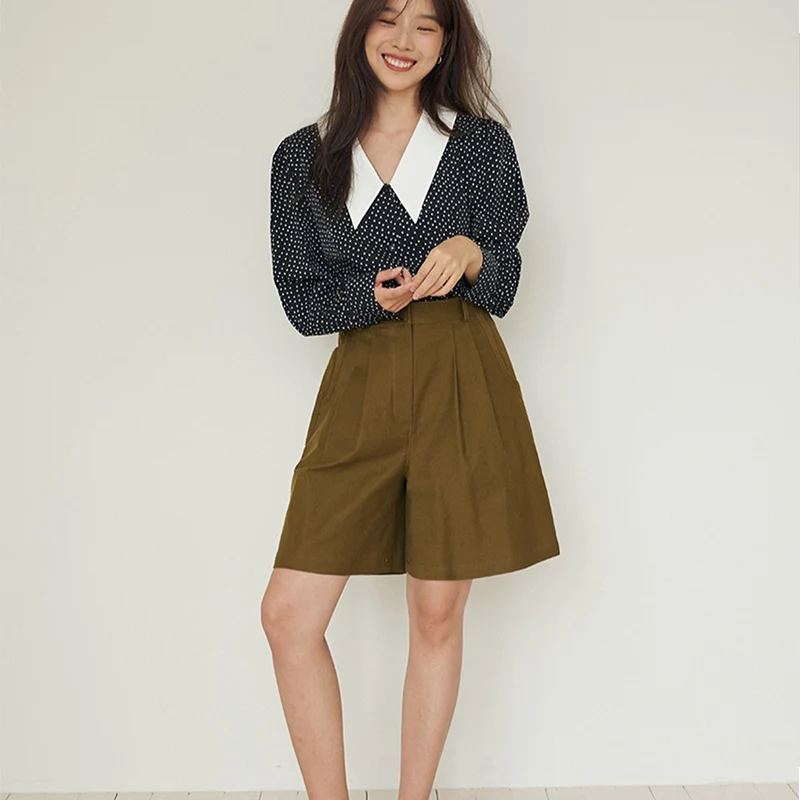 

RUGOD 2021 retro chic contrast color wave point loose and versatile long-sleeved shirt