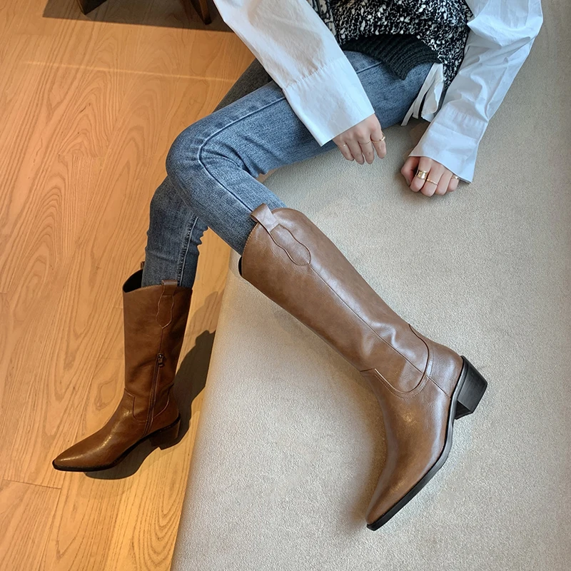 

Elegant Genuine Leather chelsea boots Woman Pointed Toe High Heels Women shoes Autumn Winter Party Knee High Boots