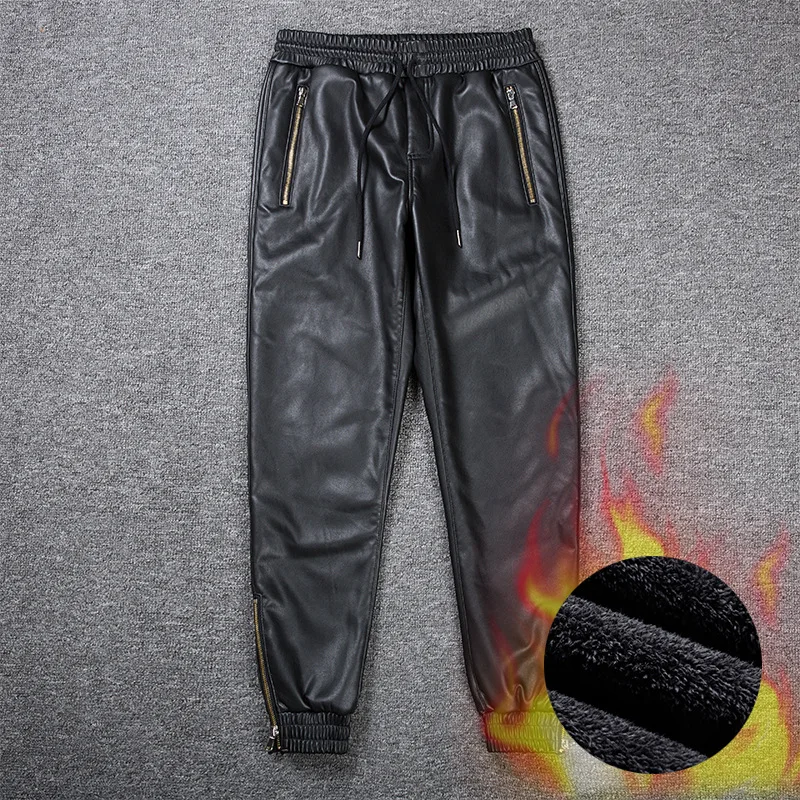 Winter Autumn Mens Warm Fleece Moto Pants Zipper Skinny Black PU Leather Biker Slim Trousers Plus velvet thicken Pencil Pants