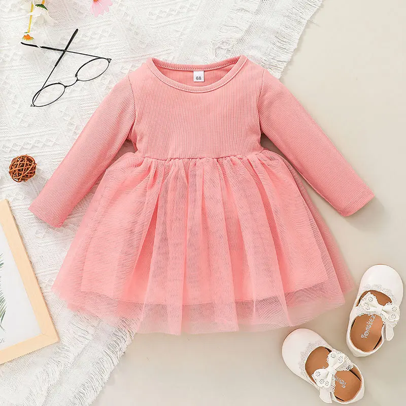 

Осеннее хлопковое розовое Сетчатое платье для маленьких девочек, однотонное повседневное Сетчатое платье с оборками для новорожденных, ми...