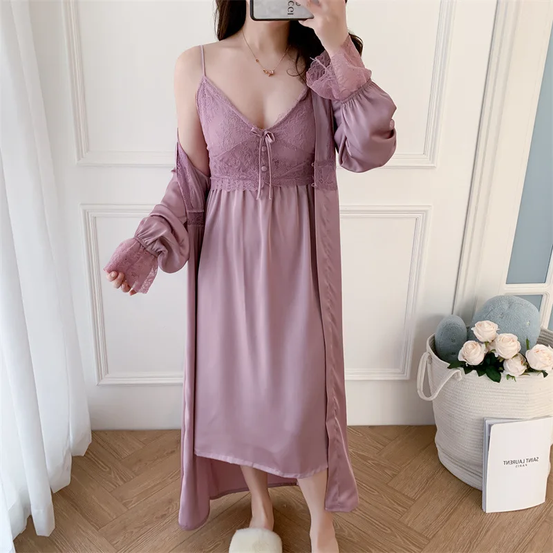 

Sexy Womens Lace Trim Applique V-Neck Long Style Robe Nightdress Set Pajamas Silky Sleepwear Homewear Negligee Gown