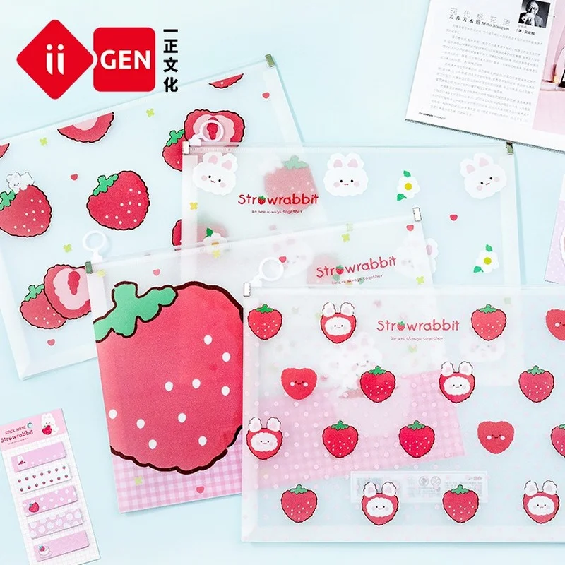 

New Transparent Strawberry Rabbit Pull Side Mesh File Bag PP Student Paper Storage Bag Filing Products School Supplies Binder