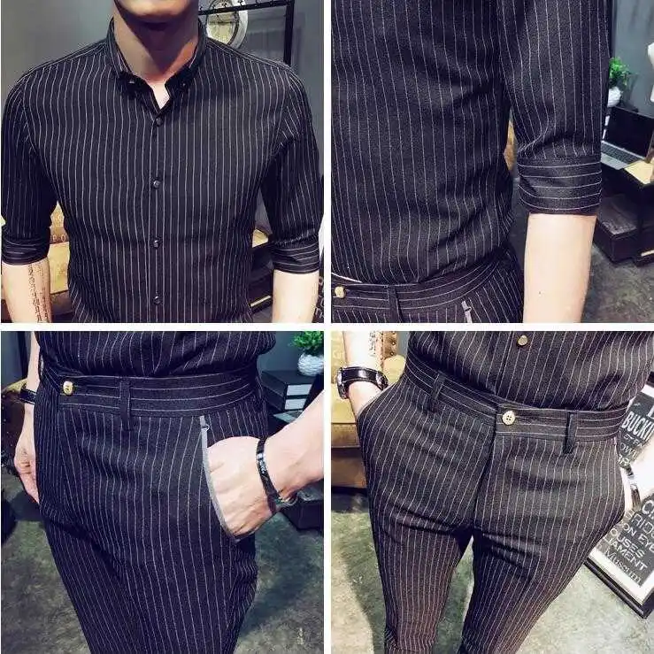 

Zomer Mannelijke Nieuwe Slim Koreaanse Streep Eenvoudige Retro Gouden Knop Zeven mouwen shirt Mannen Mode Bijgesneden broek Set