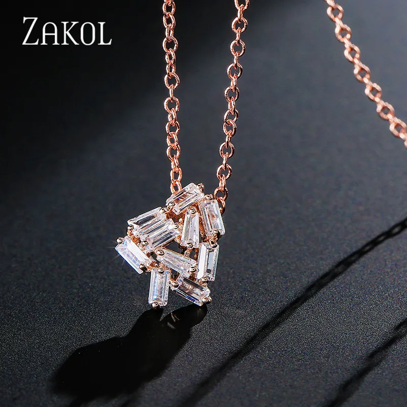 Rose Gold Color ZAKOL Нежный высокое качество квадратный кубический цирконий кулон цепочки и ожерелья Свадебные украшения для женщин свадебный ужин подарок на день рождения FSNP2008 - Окраска металла: Rose Gold Color