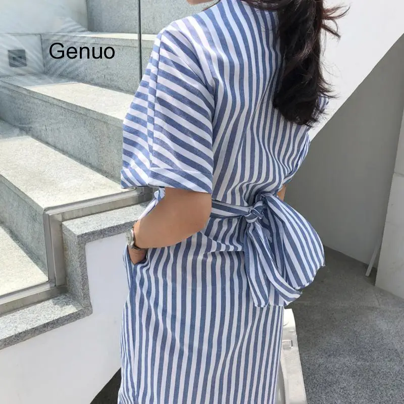 Женское Хлопковое платье с разрезом длинное облегающее в синюю полоску