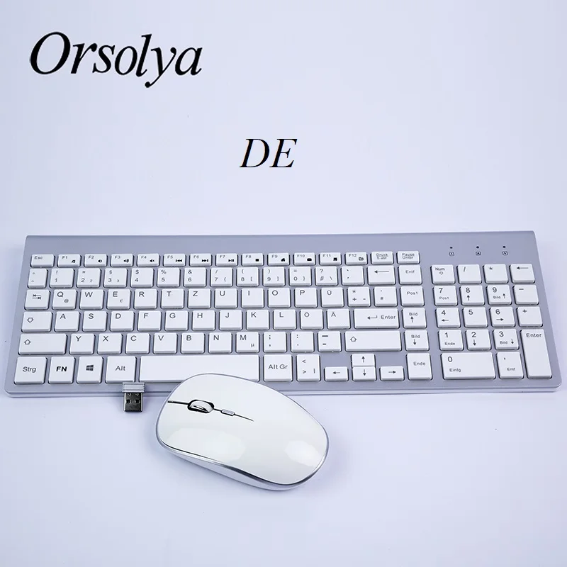 Silver-DE 2,4G Беспроводная клавиатура и мышь Combo Orsolya Compact полноразмерная клавиатура и 2400 точек/дюйм оптическая мышь с низким уровнем шума, английский, испанский, немецкий, японский, французский, серебристый и белый - Цвет: Silver-DE
