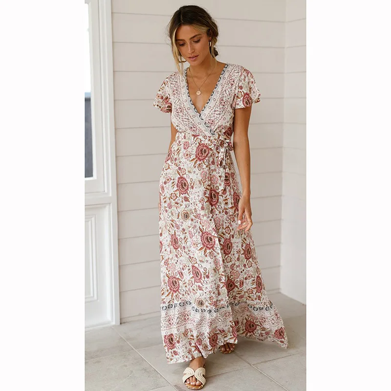 

2020 New Green Floral Print Wrap Dress Short Butterfly Sleeves Boho Summer Dresses V-Neck Women Maxi Dress Casual Beach Vestidos