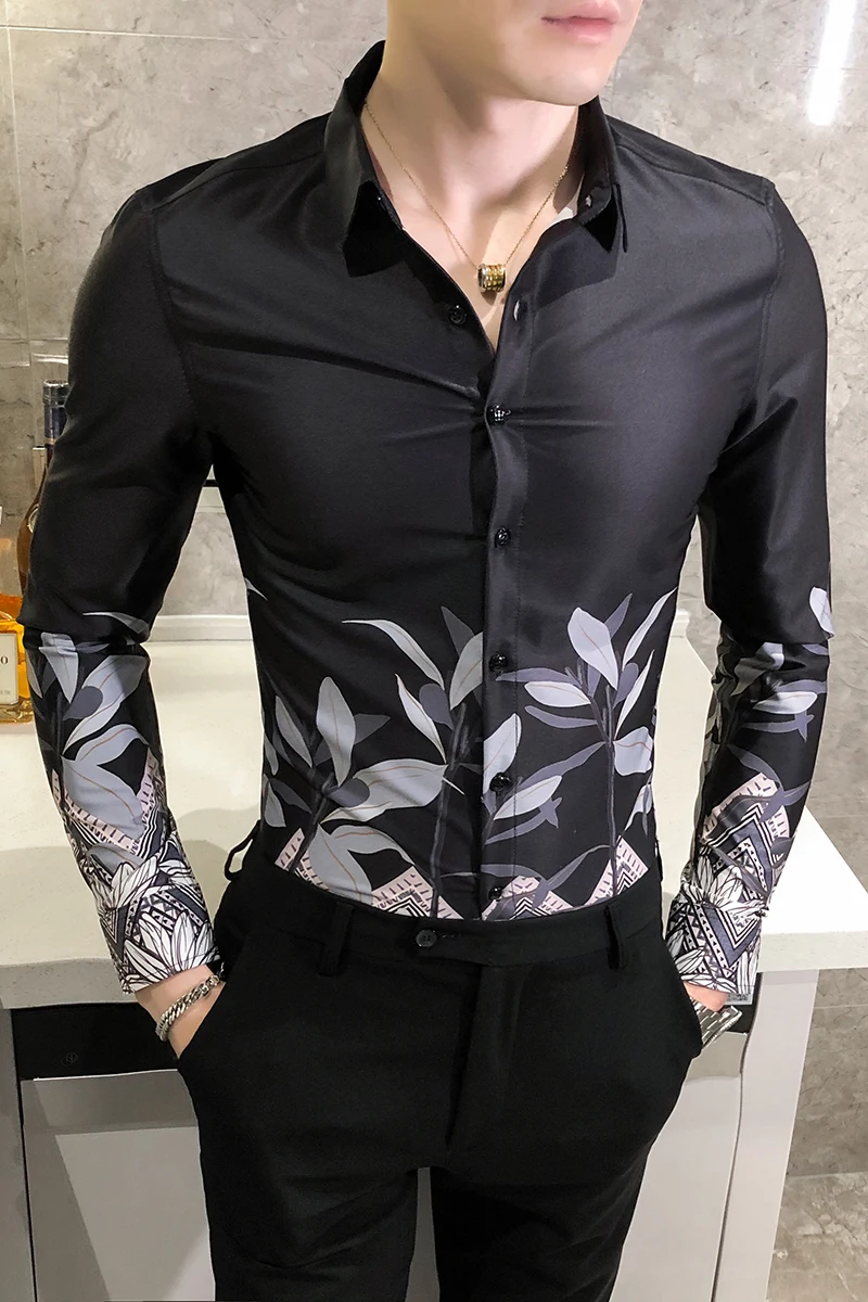 

British Style Men Floral Shirts Autumn New Digital Print Shirts for Men Clothing Slim Fit Streetwear/Prom/Club Tuxedo Dress 3XL