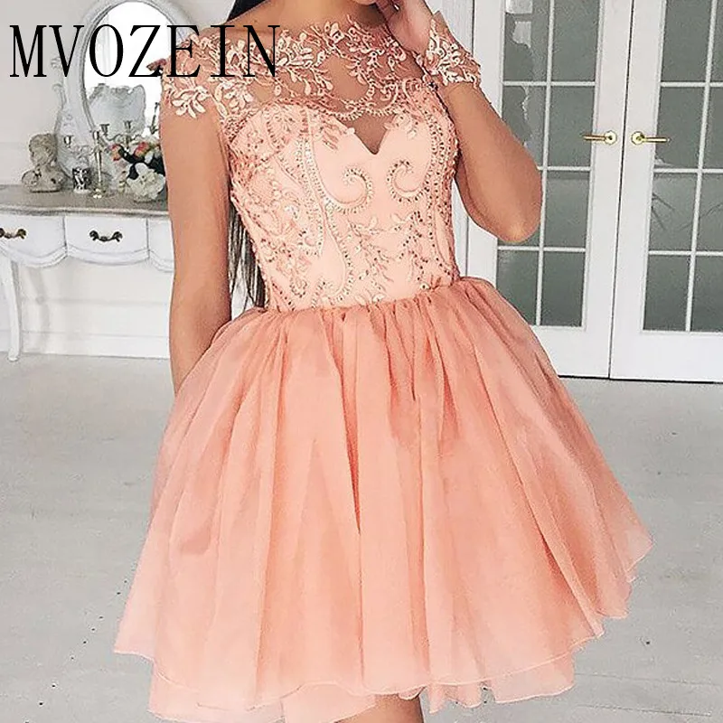 

Mvozein 2023 Blush Homecoming Dress A-Line Jewel Neck Long Sleeves Short Prom Dresses Lace Appliques Vestido De Festa Curto