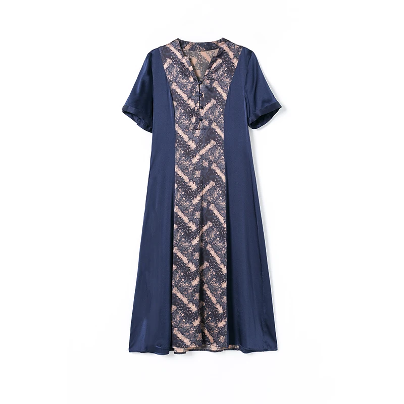 

COIGARSAM Women Dress Summer 2021 New Casual Loose Short Sleeve Turn-down Collar Dark Blue Dresses Traf Robe Vestidos