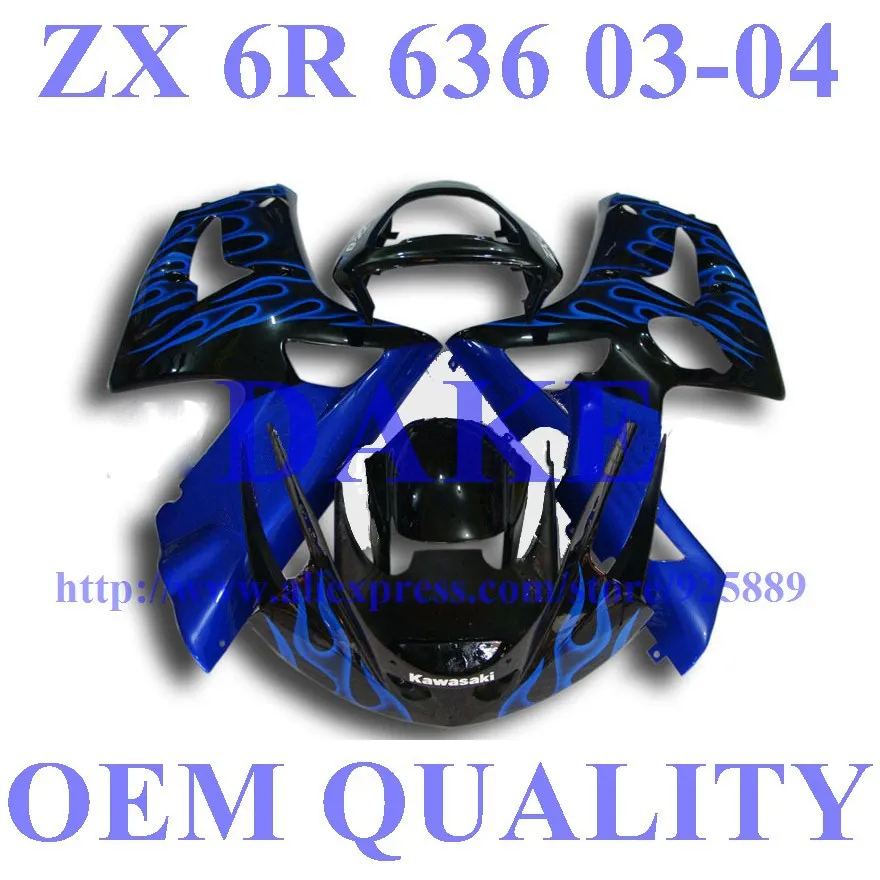 

Tim Blue Flame Black Fairing Kit FOR KAWASAKI NINJA ZX 6R 636 03 04 ZX-6R ZX6R 2003 2004 ZX 6R 03 04 Fairings ABS