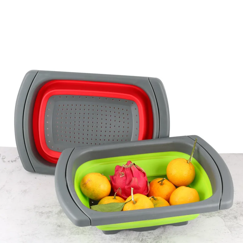 

Creative folding silicone square drain basket Kitchen vegetable and fruit cleaning Hollow stretchable drain basket