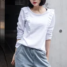 Женские однотонные хлопковые футболки с оборками; Новинка 2021 года; Летние повседневные женские элегантные футболки с круглым вырезом и длинными рукавами