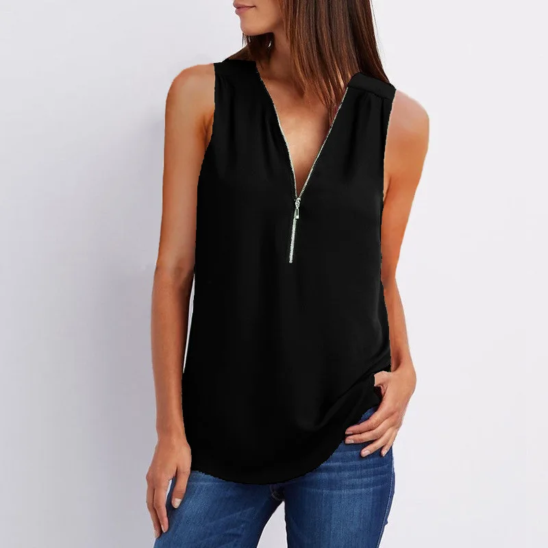 

V-neck Zipper Sleeveless Loose Chiffon Shirt Vest tops women tank top