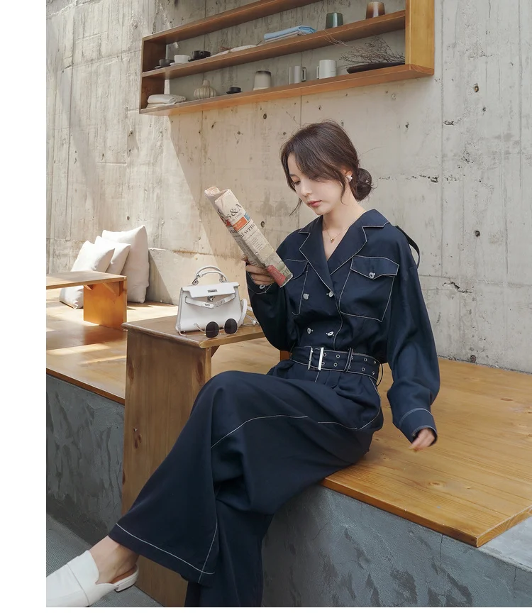 

Women Jumpsuits Long Sleeve Lapel Loose Casual Wide Leg Pants Overalls Office Lady Elegant Chic Straight Trouser Sashe Romper