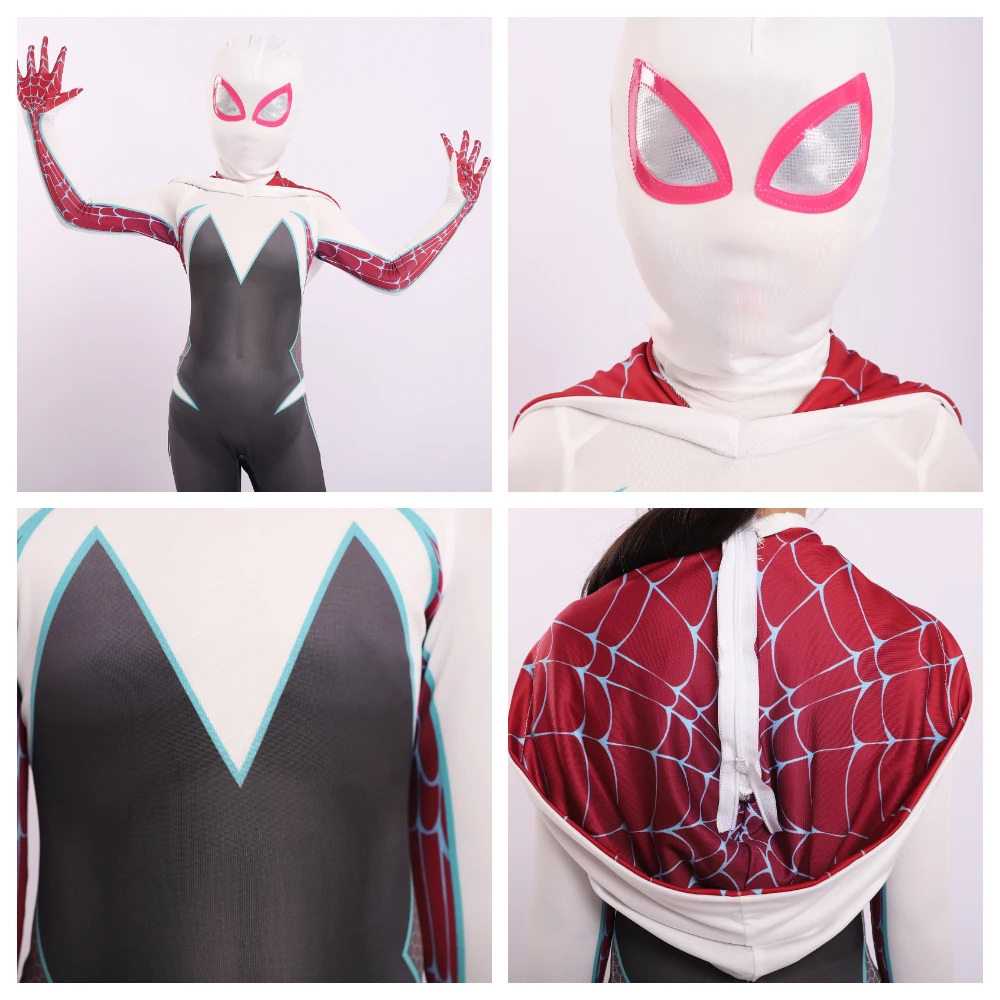 Женские костюмы Spider Gwen для косплея спандекс белые черные толстовки с капюшоном и