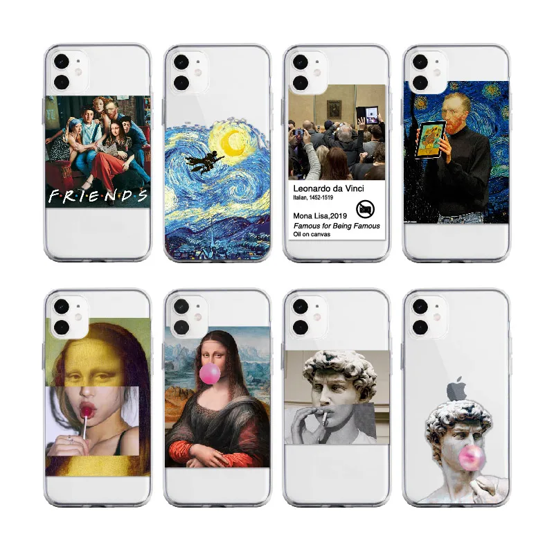 

Mona Lisa Van Gogh Art Memes Friends For iPhone 11 12 13Pro Max Mini 7 8Plus X XS Max XR Soft Clear TPU Phone Case Cover Fundas