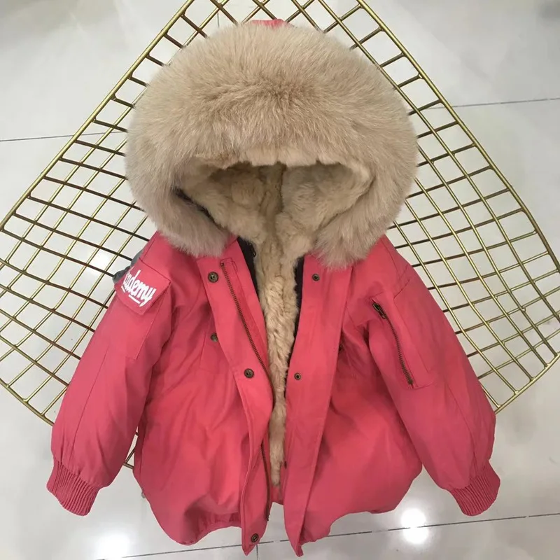 pink khaki fur Настоящий мех кролика, парки, пальто с капюшоном из лисьего меха, Детская куртка для мальчиков и девочек, ветровка, детская зимняя одежда - Цвет: pink khaki fur