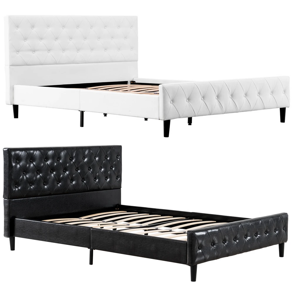 

Bed Frame Modern Style Button Decoration PU Iron Bed White Full/Twin 2 Sizes Rugged Metal Structure Easy Assemble[US-Stock]