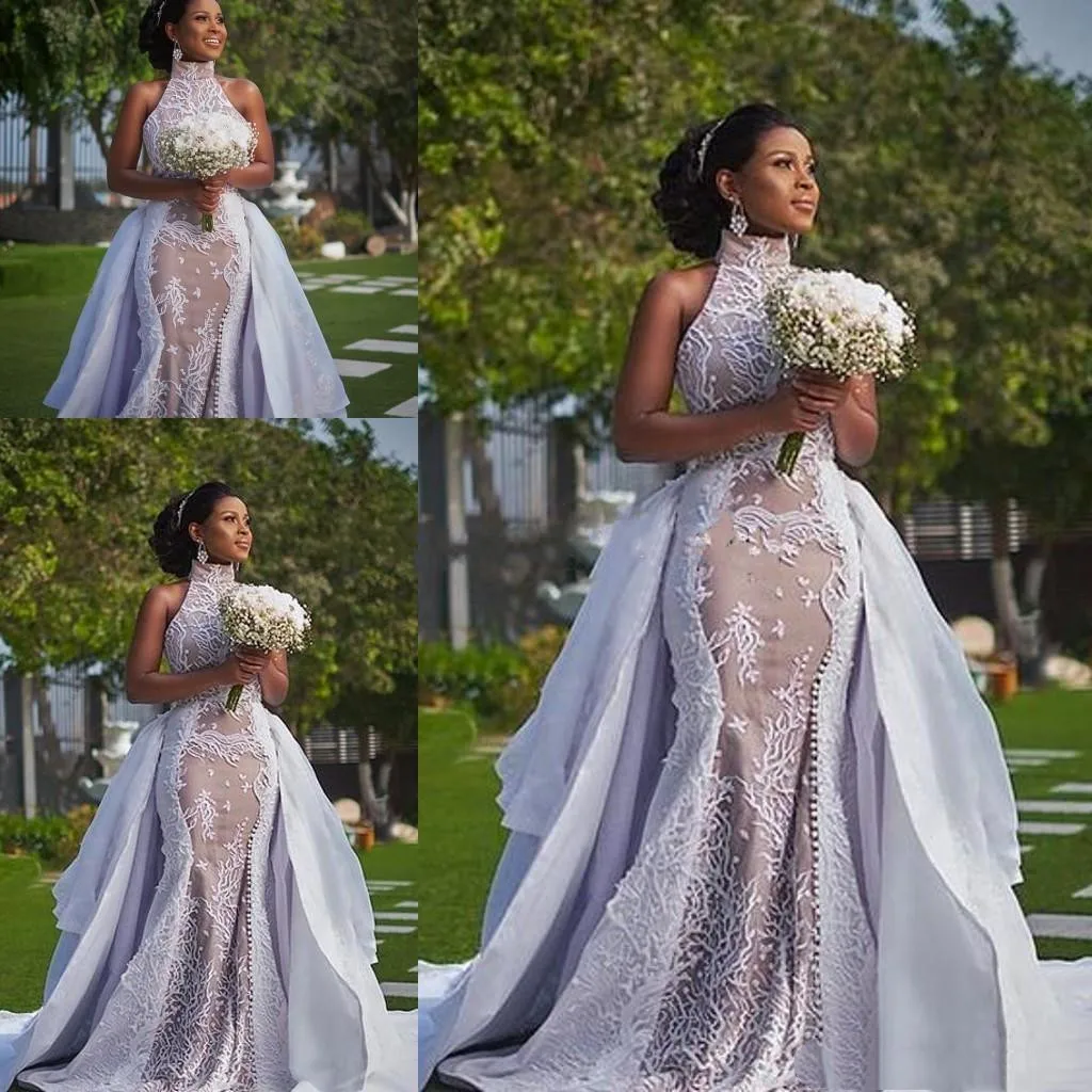 

Plus Szie African Wedding Dresses with Detachable Train Modest High Neck Puffy Skirt Sima Brew Country Garden Royal Wedding gown