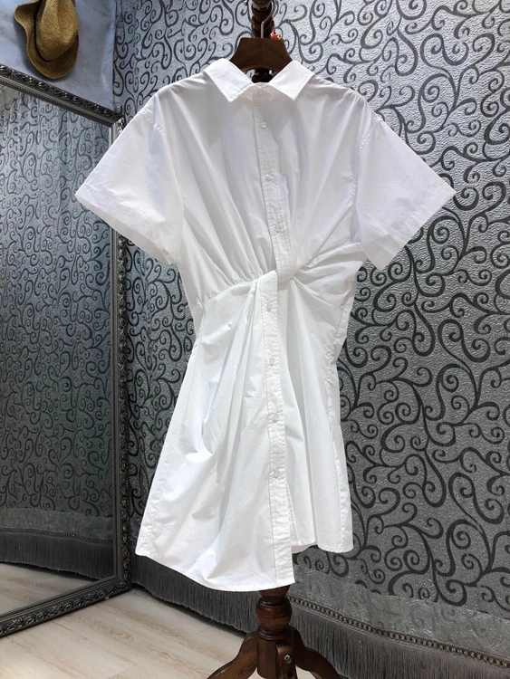 

Новинка 2021, женское модное однотонное платье с отворотом, украшенное поясом, с коротким рукавом, 626