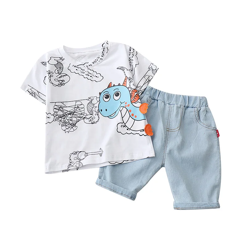

12M-5Y Cartoon Print Short Sleeve+Denim Shorts 2Pcs Boys Clothing Sets Cute Dinosaur Boy Clothes 2020 Summer Travel Fashion Gift