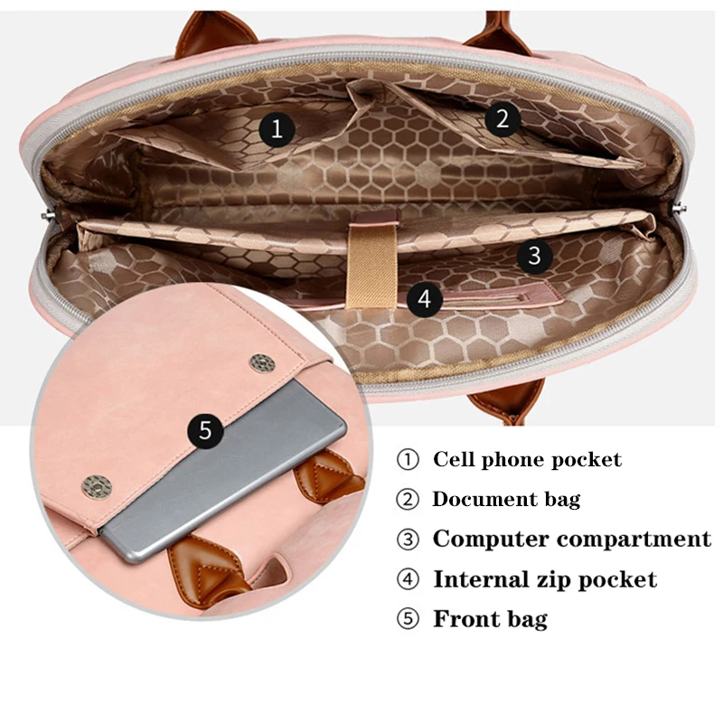 Женский кожаный портфель стильная розовая сумка через плечо для ноутбука