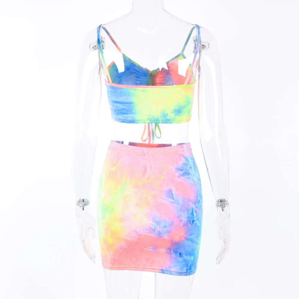 

2pcs/Set Halter Strap Printed Women Bandage Dress Tie Dye Short Crop Top and Skirt Beach Swimsuit for Women Vacation Holiday