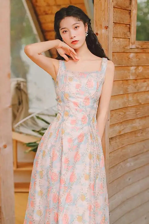 

COIGARSAM French Style Floral Print Women dress Vintage Spaghetti Strap Dresses Design And Color 5232