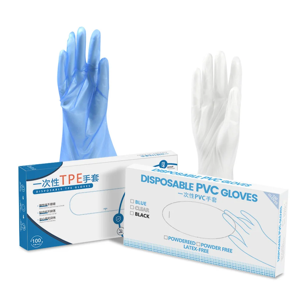 Одноразовые перчатки из ТПЭ прозрачные/Синие Нескользящие безопасные пищевые