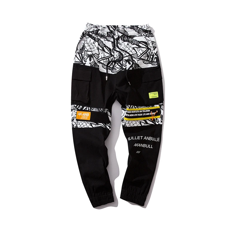 Черные лоскутные брюки-шаровары мужские повседневные бегущие штаны в стиле