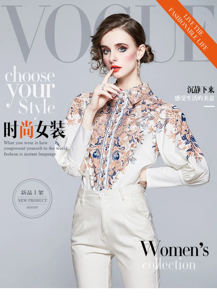 

Puff Sleeves Women Blouse Floral Printing blusas mujer de moda Turn Down Collar blusas mujer Casual White chemisier femme Sexy