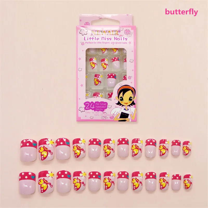 Butterfly 24 шт/Партия Детские ногти "сделай сам" советы Съемный поддельный Дизайн Ногтей Полное покрытие милые ногти предварительно клей акриловый мультяшный дизайн ногтей наконечник для детей - Цвет: Butterfly