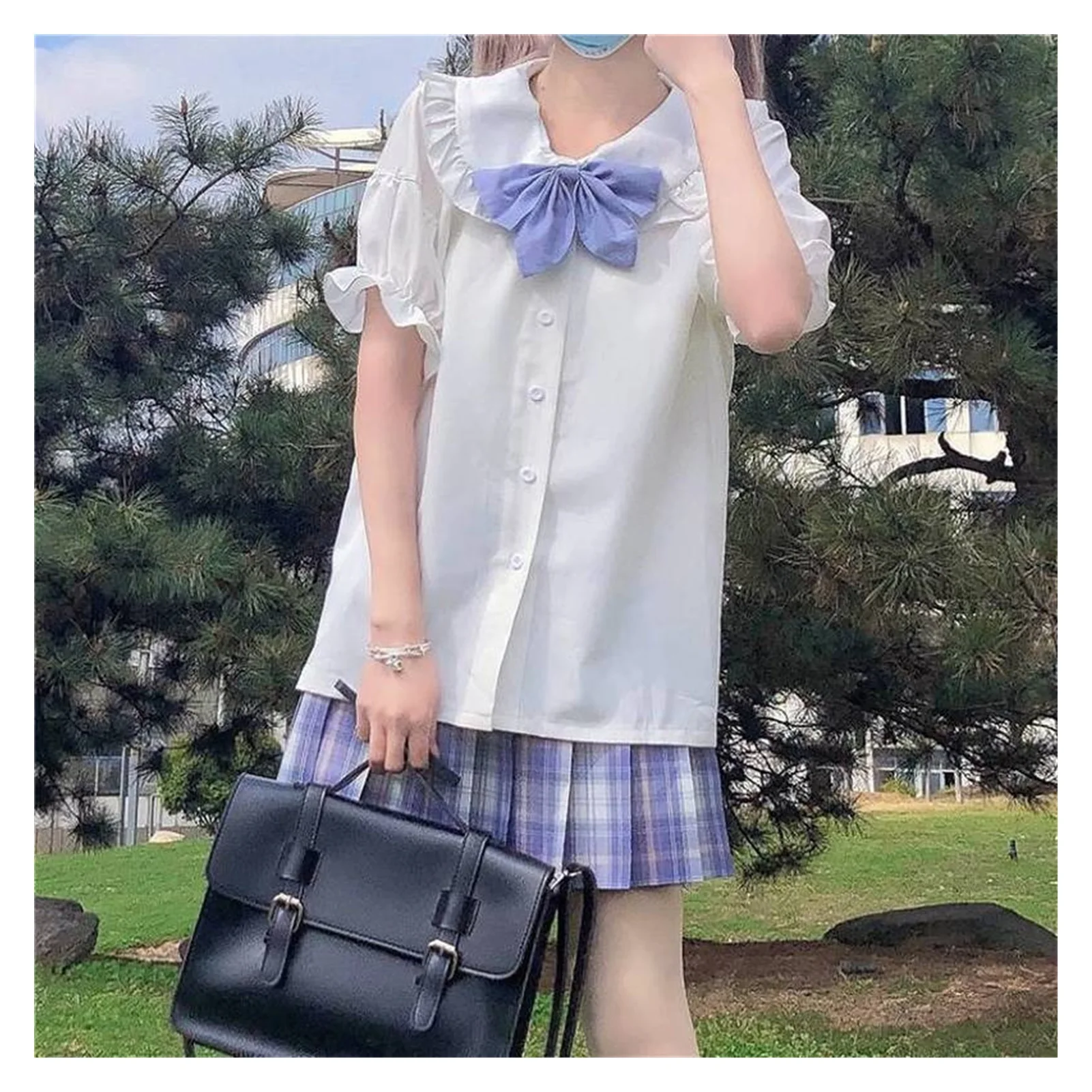 

Japanese lovely White Chiffon Blouse academy style sweet Peter Pan collar shirt holiday outdoor Ruffle Top 2021 spring new