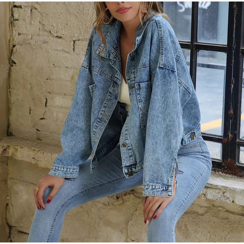 

Pockets Turn Down Collar Long Sleeves Women Jackets Solid Blue Single Breasted Casual Simple Loose Lady Jacket Top Autumn New
