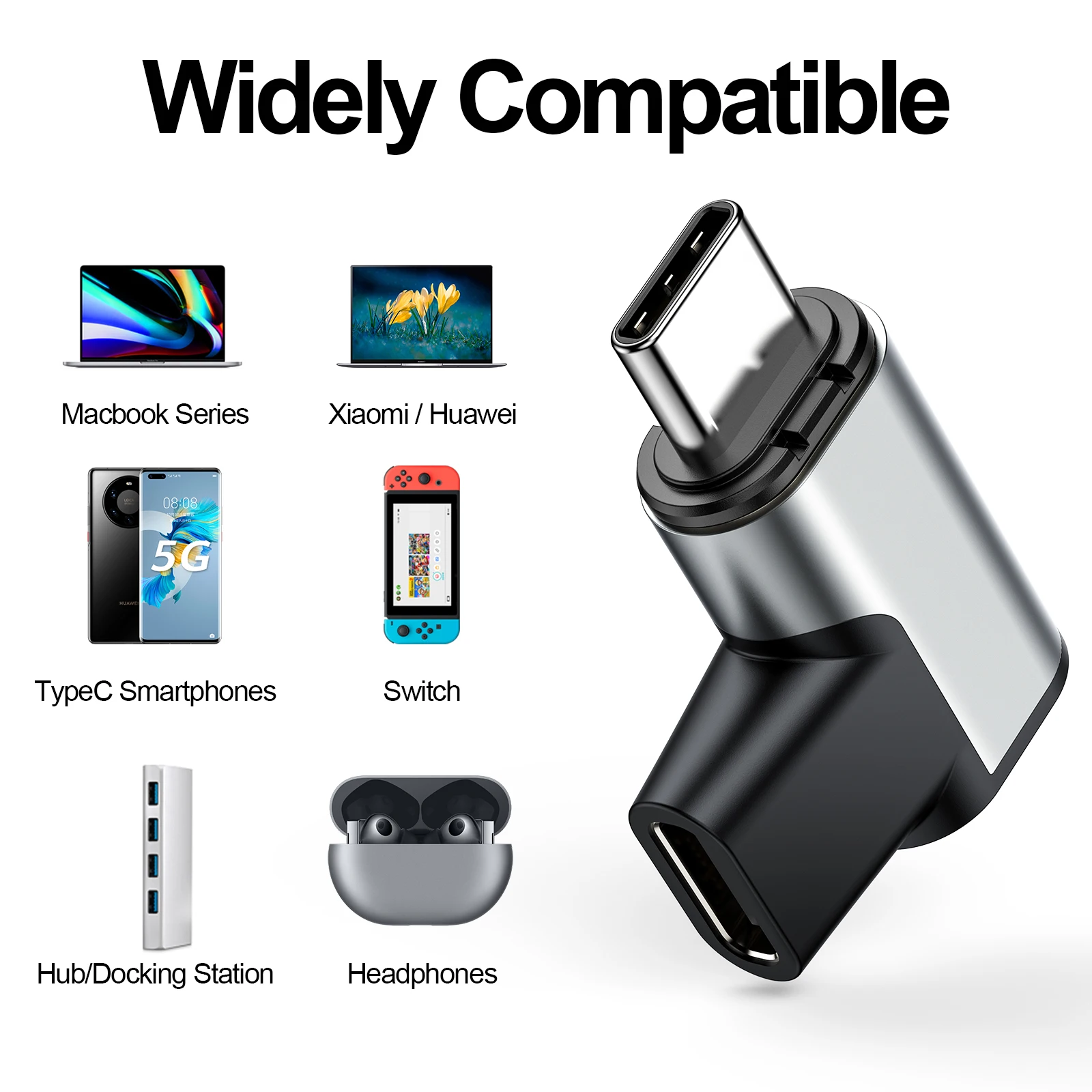 Adaptador de codo USB C de 24 Pines, convertidor de datos magn&eacute;tico de carga r&aacute;pida, sincronizaci&oacute;n de datos de 10Gbs, 100W, adecuado para m&aacute;s dispositivos tipo C-3