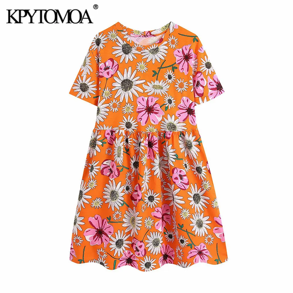 

KPYTOMOA Women 2021 Chic Fashion Floral Print Pleated Mini Dress Vintage O Neck Short Sleeve Female Dresses Vestidos Mujer