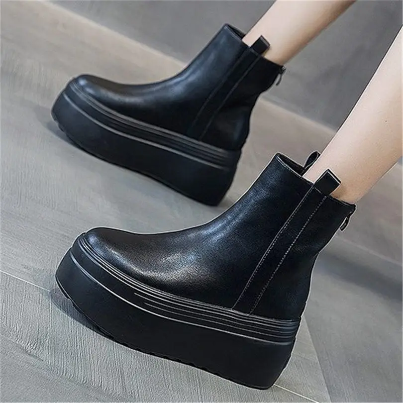 

Platform Creeper Shoes Women's Cow Leather Ankle Boots Chunky High Heel Oxfords Round Toe Military Punk Goth 34 35 36 37 38 39