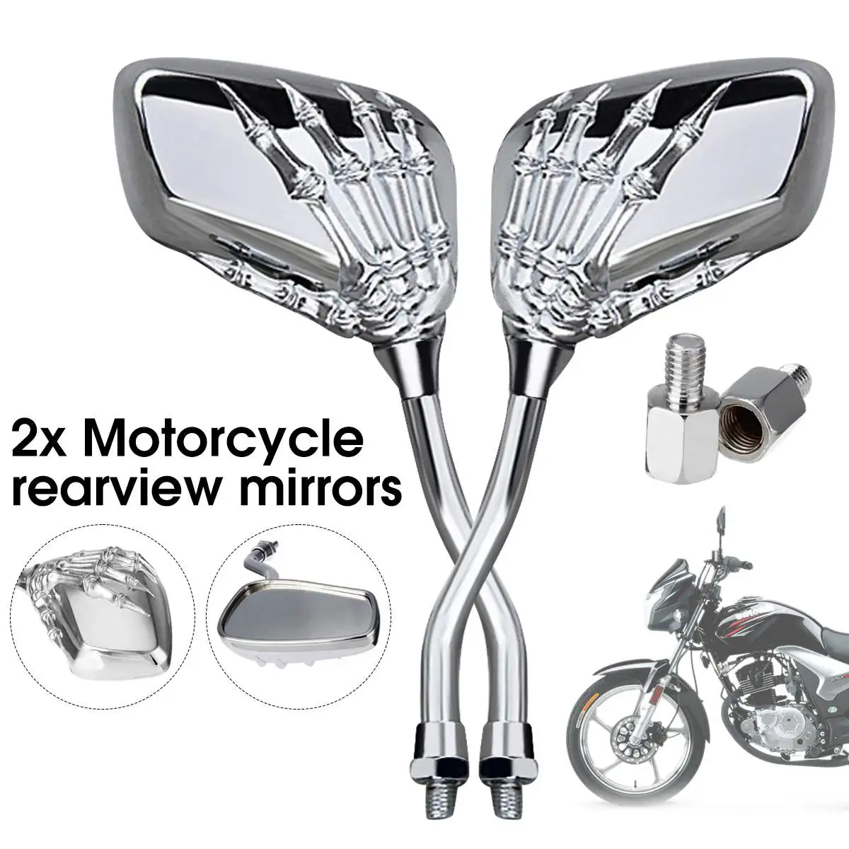 

2Pcs Universal Motorcycle Rear View Mirrors 8mm 10mm Chrome Silver Skeleton Skull Claw Side Mirrors For BMW/Honda/Suzuki/Scooter