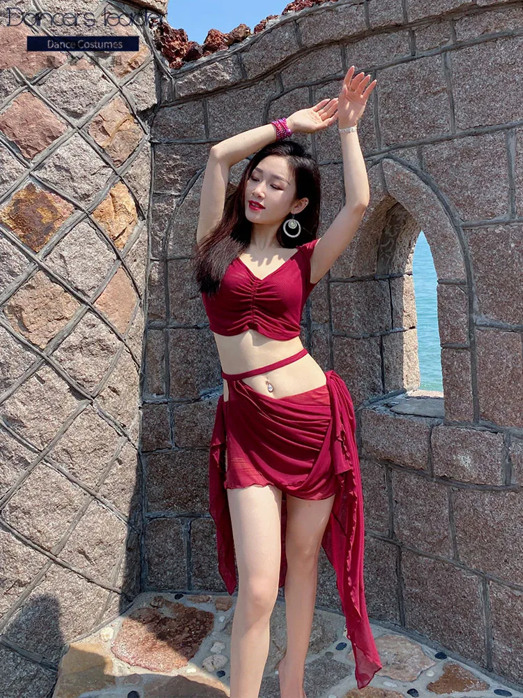 

Woman belly dance costume dancing wear suit sexy top + skirt practice suit suit oriental dance professional suit