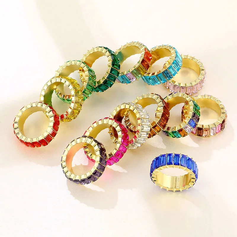 

European and American Alloy Colorful Zircon Wide Ring Diamond Color Personality Fashion Geometric Ring Girl Crystal Ring