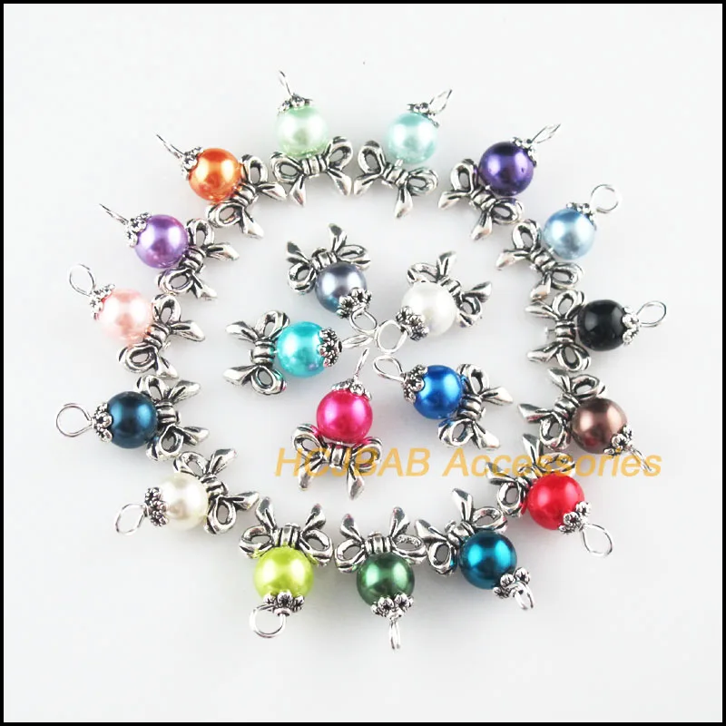 

20Pcs Tibetan Silver Tone Knot Flower Mixed Round Glass Beads Charms Pendants 14x23mm