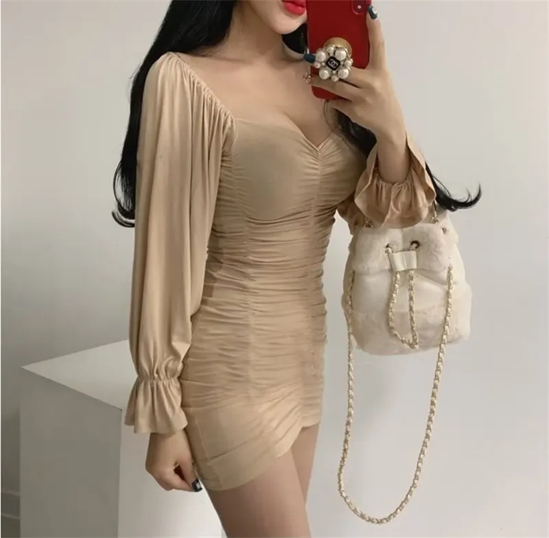 

2022 spring new sexy tube top ruffled slim-fit bag hip long-sleeved bottoming dress