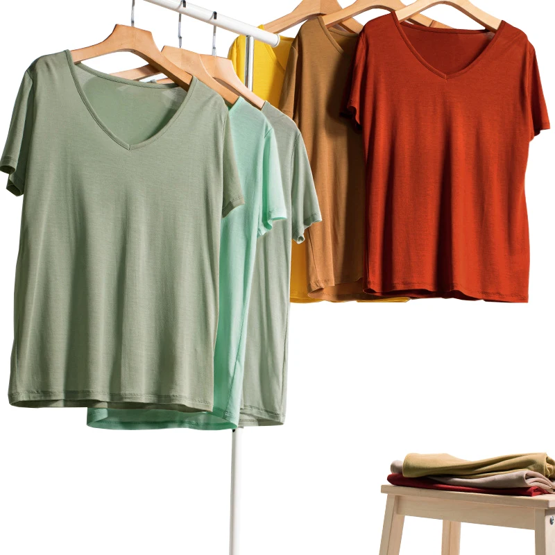 Мягкая женская футболка с треугольным вырезом 90% шелка SO0065 Новинка лета