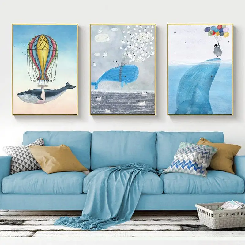 

Nordic Cute Animal Cartoon Whale Dolphin Shark And Balloon Canvas Print Poster Home Decoration Art Painting For Kids Bedroom